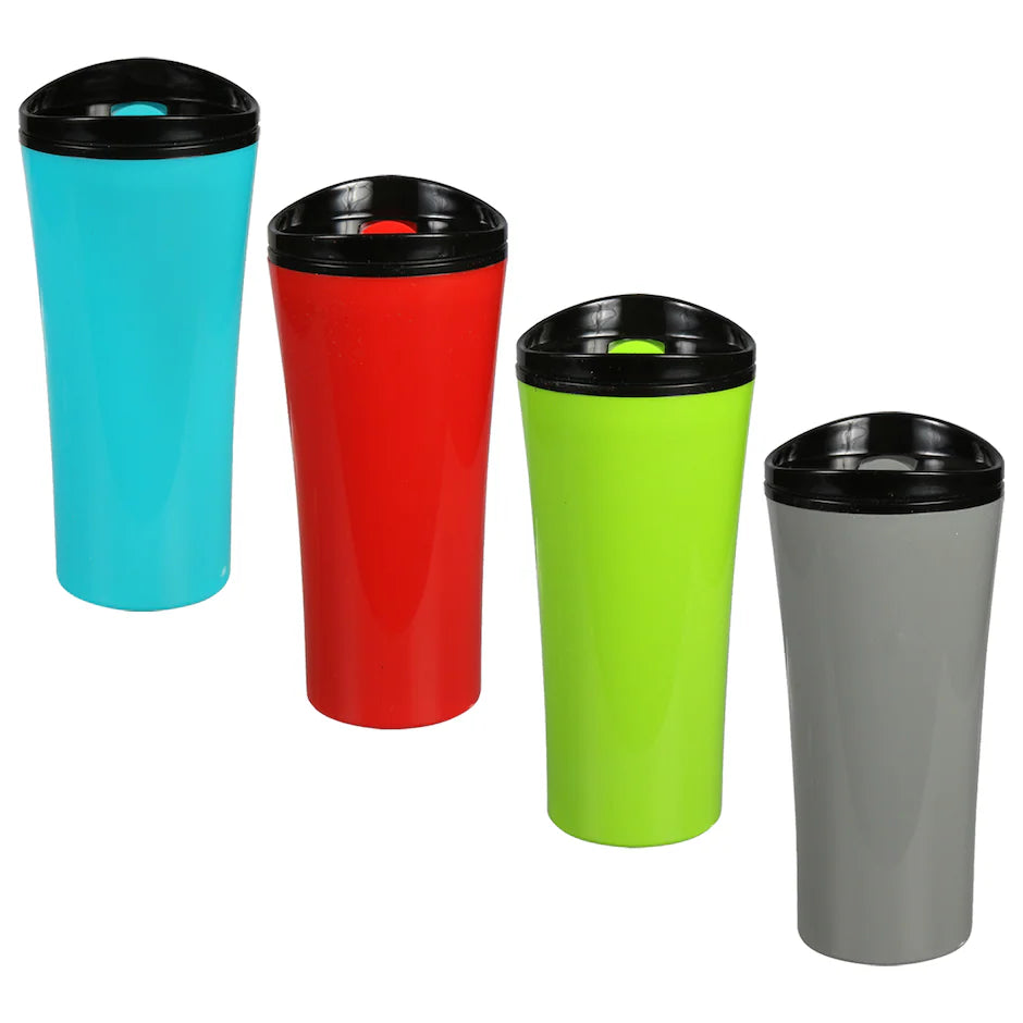 Plastic Travel Mugs with Flip-Top Lids, 16.5 oz.