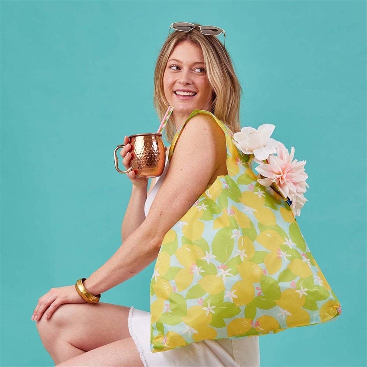 Lemon Blossoms blu Reusable Shopping Bag-Machine washable